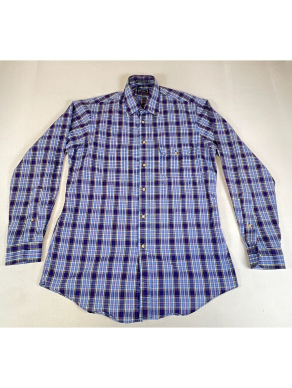 Vintage Gant Men Medium Blue Plaid Long Sleeve Cotton Blend Button Down Shirt